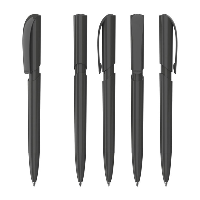 A collection of five sleek black pens with different caps and clip designs. Each pen features a glossy finish and branding.