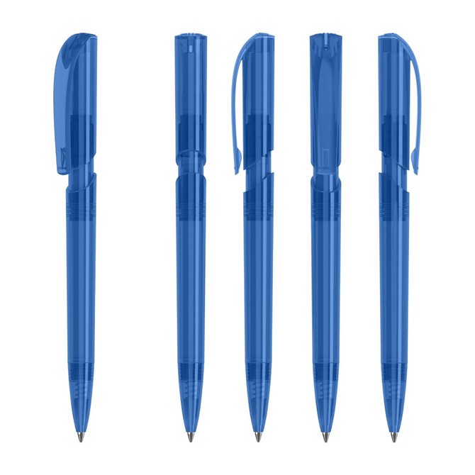 A set of transparent blue plastic pens arranged in different positions, showcasing their design and features.