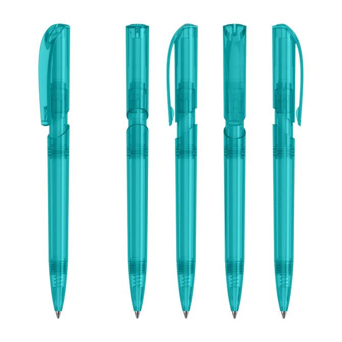 A set of five transparent teal plastic pens with click mechanisms and caps. Each pen has a smooth design and a logo.