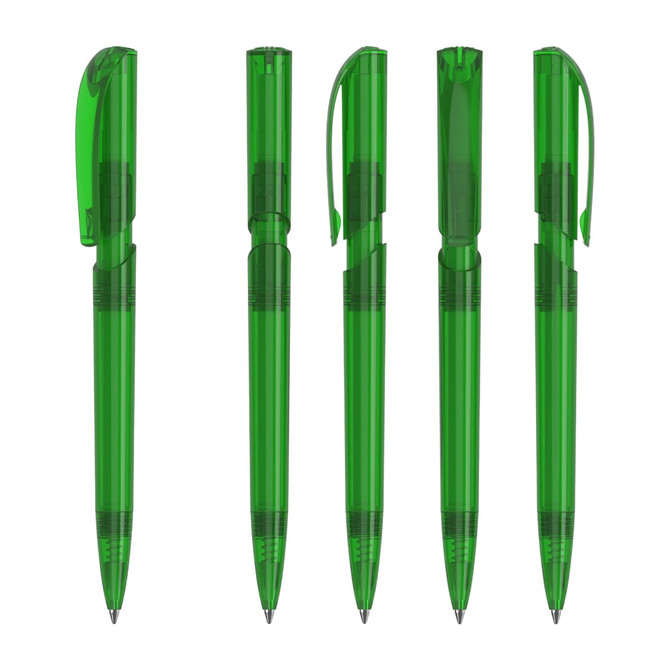 A collection of transparent green plastic pens in various stages of use, featuring a sleek design and clip.