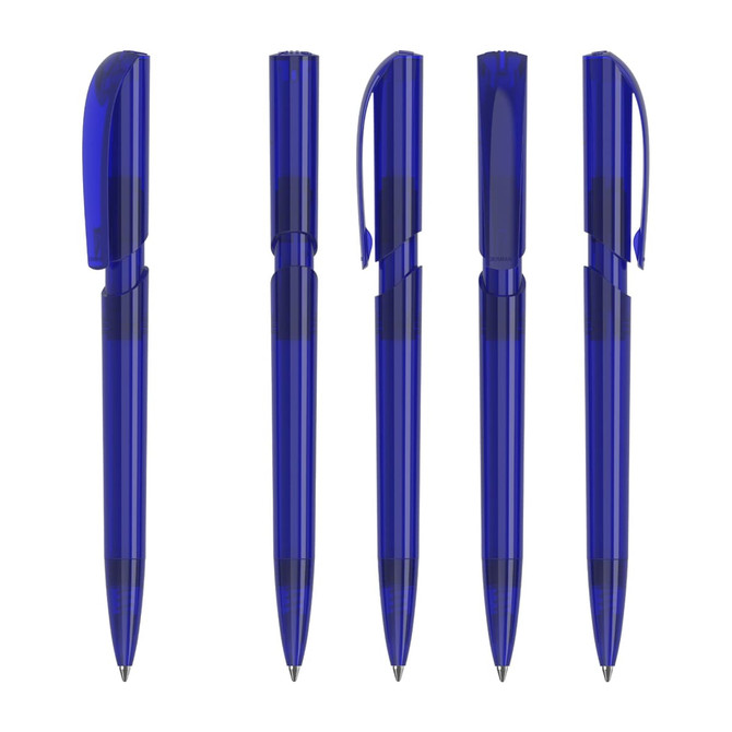 A set of blue plastic pens with transparent barrels and various writing tips displayed side by side.