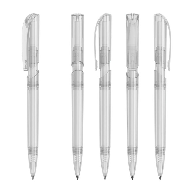A set of transparent plastic pens in various positions, featuring clear barrels and contrasting clip designs.