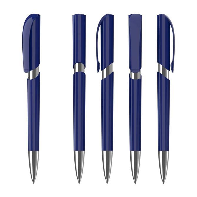 A collection of five high-gloss navy blue plastic pens with silver accents, featuring a logo on some pens.