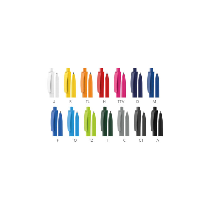 A collection of plastic pens in various colours, including white, orange, blue, green, and black, each with a logo.