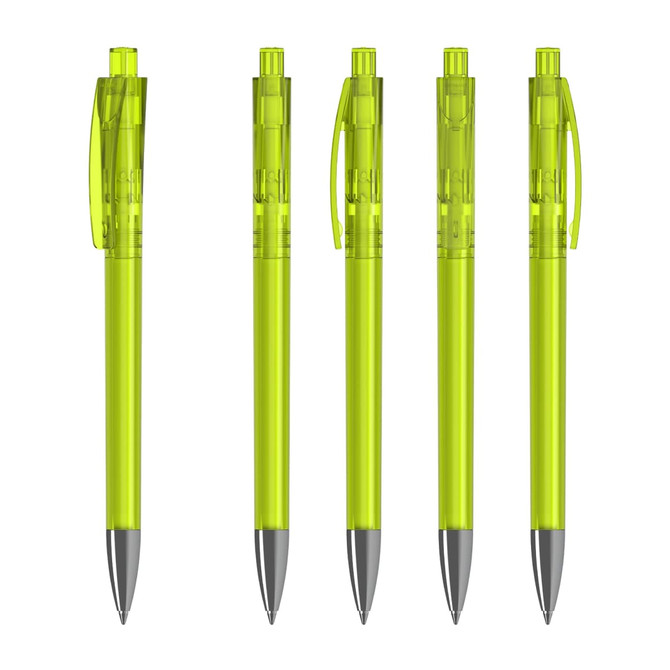 Five transparent green plastic pens with grey tips and clips, arranged side by side. Each pen features a clip for attachment.