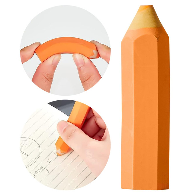 An orange pencil-shaped rubber eraser with a tapered end, shown in two images featuring hands using it.