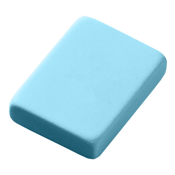 A blue rectangular rubber eraser with a smooth texture and rounded edges, featuring a logo on one side.