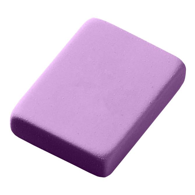 A purple rubber eraser with a rectangular shape and smooth surface. It features a logo on one side.