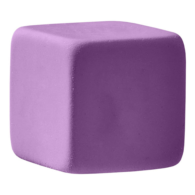 A purple rubber eraser in a cube shape, featuring a smooth surface and rounded edges.