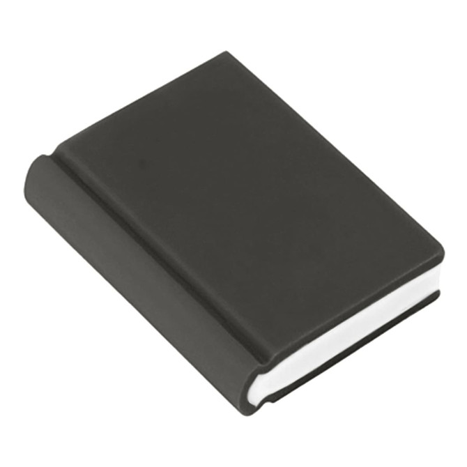 A book-shaped rubber eraser in black with a white bottom edge. It has a logo on the surface.