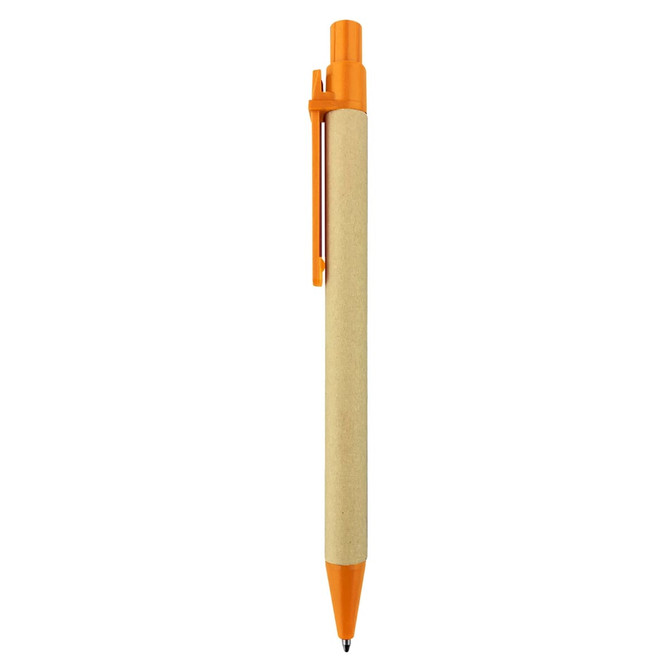 A recycled cardboard pen with an orange click top and matching tip. It has a plain cardboard barrel and a clip.