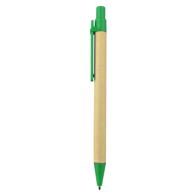 A recycled cardboard pen with a green top and clip, featuring a natural cardboard body.