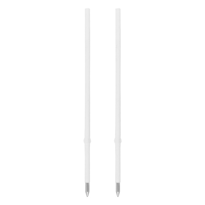 Two white plastic cross-type refills with silver tips, featuring a simple design and a branding logo.
