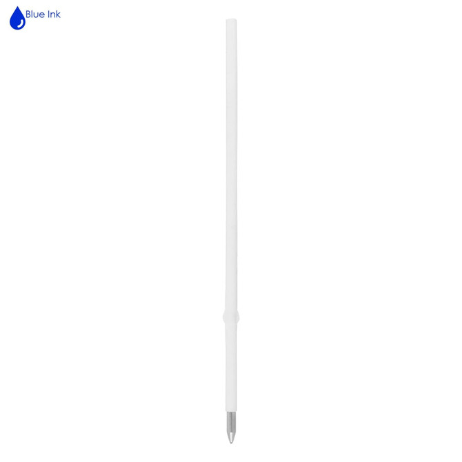 A white plastic cross type refill with blue ink, featuring a slender design and a metallic tip.