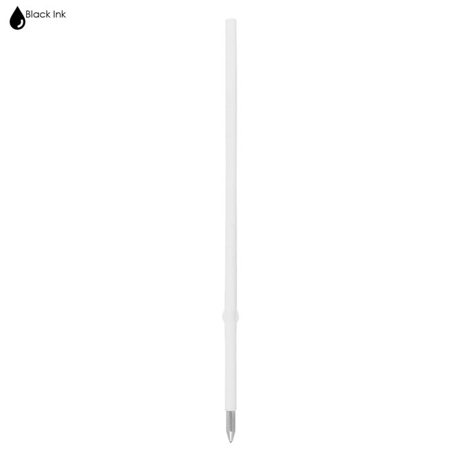A white plastic refill with a silver tip, designed for writing instruments. It features a logo at the top.