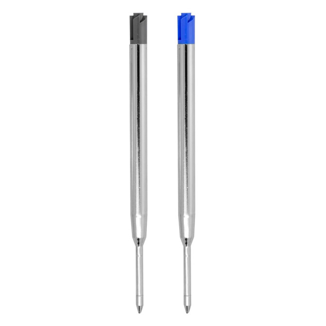 Two metal Parker type refills in silver, one with a black tip and one with a blue tip, each featuring a branding logo.