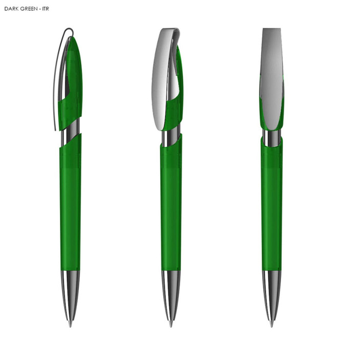A transparent dark green plastic pen with a silver clip and accents, featuring a sleek design.