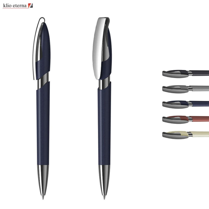 A metallic pen in navy blue with silver accents, featuring a logo, alongside additional pen colour options.