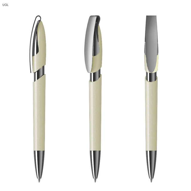 A metallic pen in a cream colour with silver accents, featuring a sleek design and a clip.