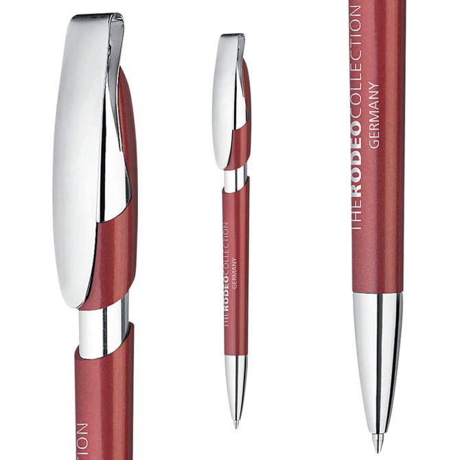 A metallic pen in a deep red colour with a silver clip and branding.