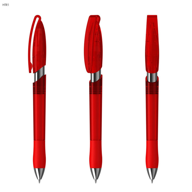 A set of three transparent red plastic pens with metallic accents and clip features.