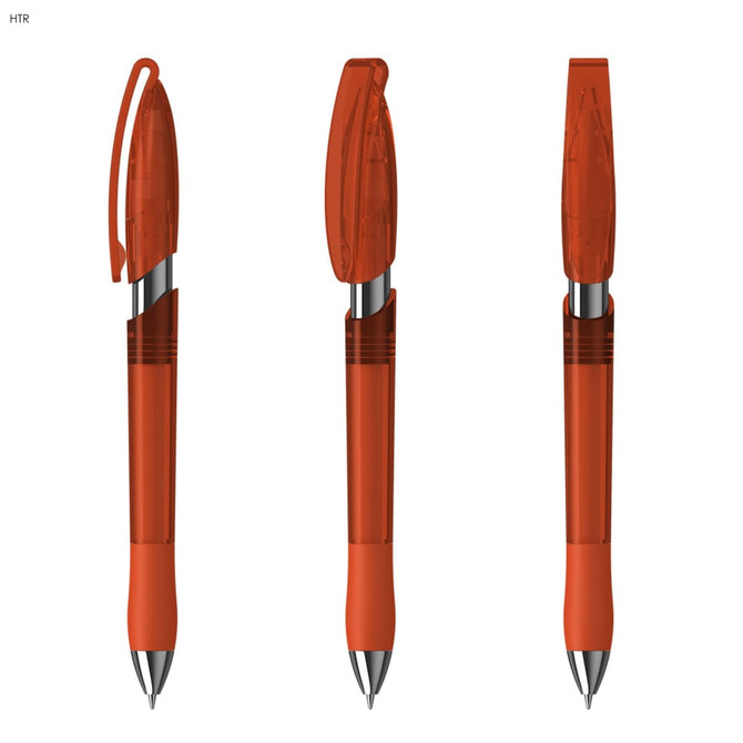 A transparent orange plastic pen with a silver accent, featuring a retractable design and a logo on the barrel.