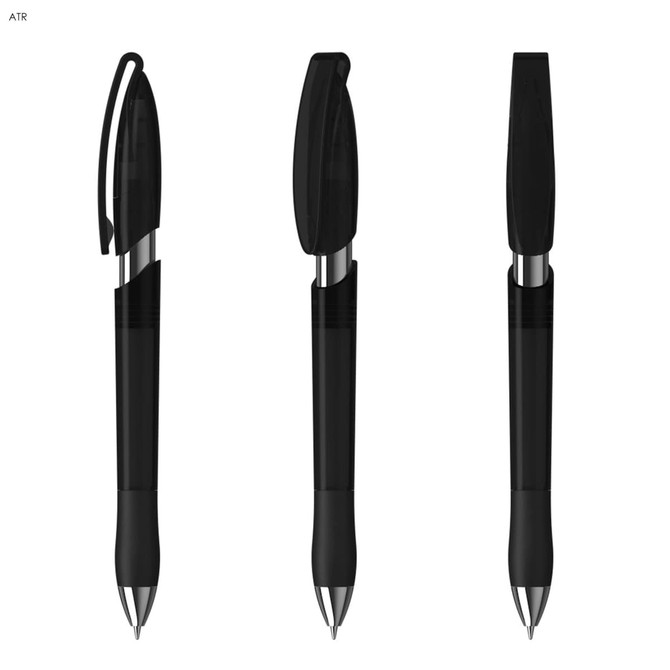 Three black plastic pens with sleek designs, featuring clips and shiny silver accents, displayed from different angles.