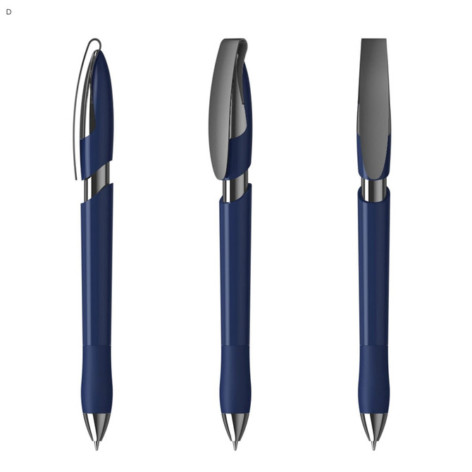 A collection of three navy blue plastic pens with silver accents, featuring a sleek design and clip.