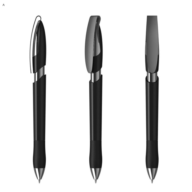 A black plastic pen with a sleek design, featuring a clip and a rubber grip. It has a branding logo on the surface.