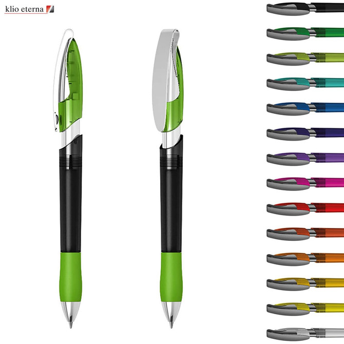 A transparent pen with a green accent, featuring a black grip and a silver clip, alongside a colour selection.