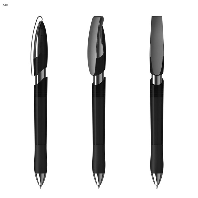 A set of black plastic pens featuring a transparent grip and a sleek design. Each pen has a silver clip and tip.