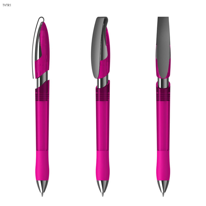 A pink transparent plastic pen with a silver clip and tip, displayed from multiple angles. Features a branding logo.