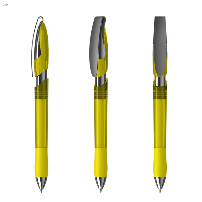 A transparent plastic pen with a yellow body and silver accents, featuring a click mechanism and clip.