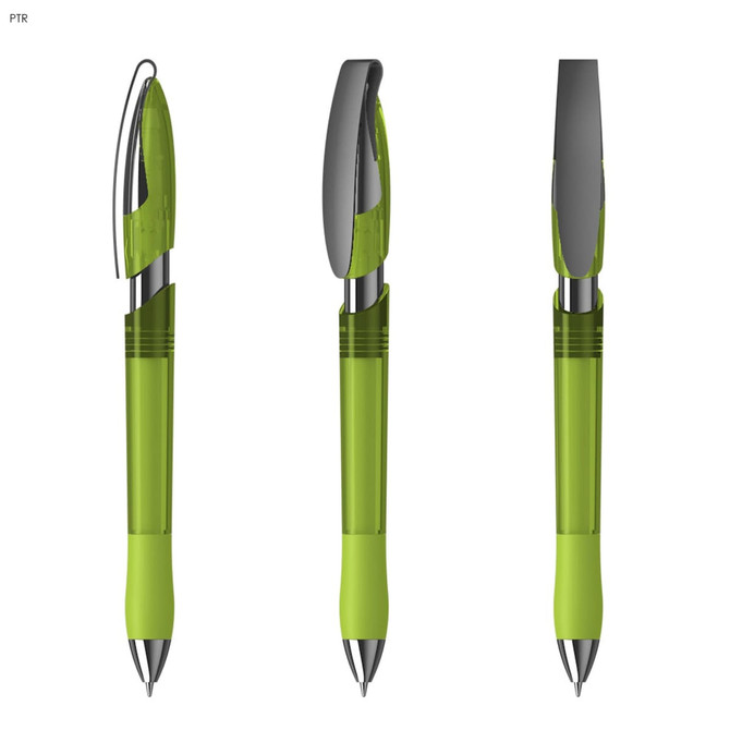 A transparent green plastic pen with a silver clip and a stylus tip, featuring a sleek design and a logo.