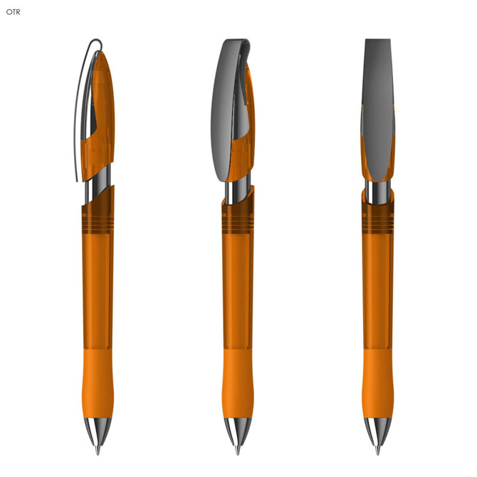 An orange transparent plastic pen with a silver clip and detailing, featuring a sleek design and a logo.