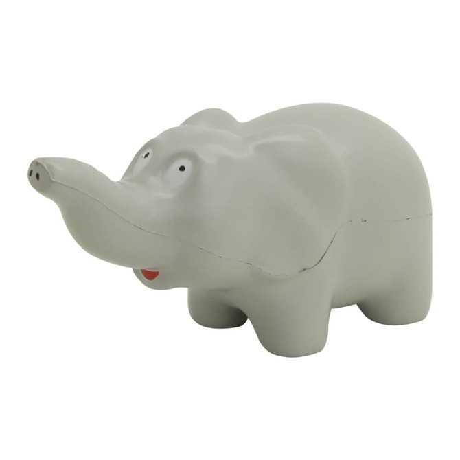 A grey stress elephant with a smiling face, featuring rounded shapes and a playful design. It has a logo on it.