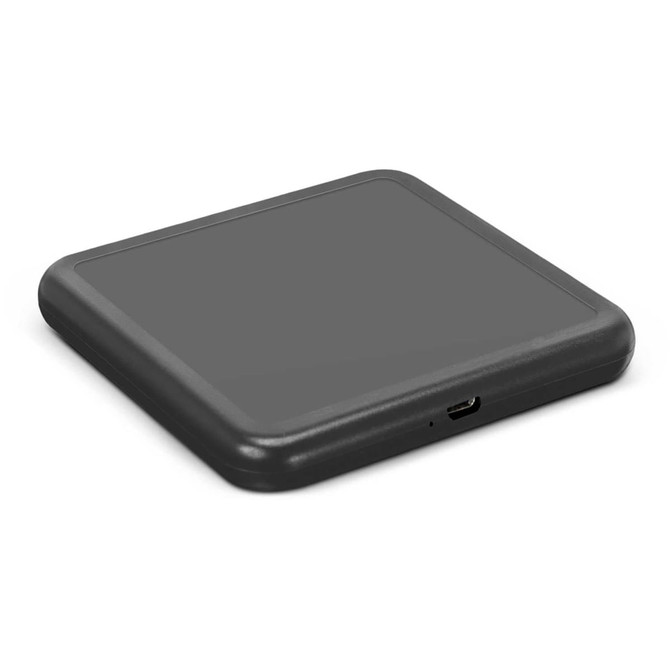 A wireless charger with a sleek resin finish, featuring a black colour and a micro USB port.