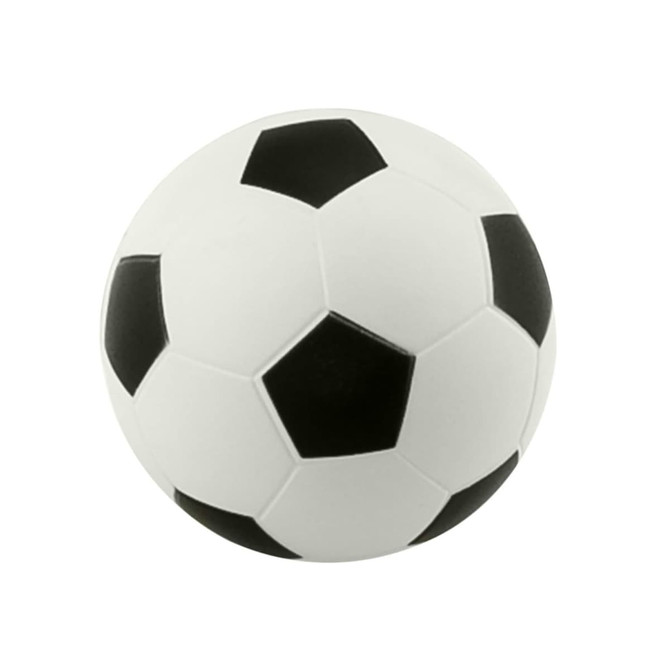 A large stress soccer ball featuring a classic black and white hexagonal pattern, with a logo visible.