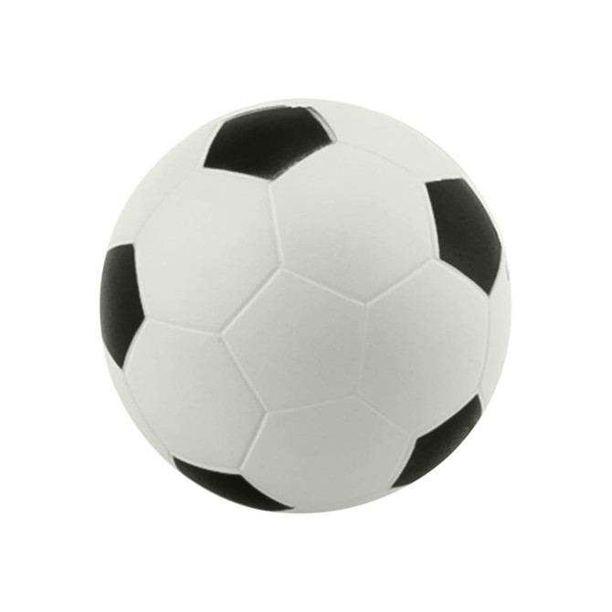 A large stress soccer ball in white and black with a classic hexagonal pattern and a branding logo.