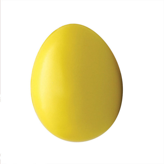 A yellow stress egg shaped like an oval, featuring a smooth surface. The item includes a logo.