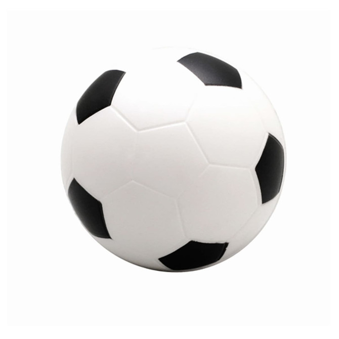 A small white stress soccer ball with black hexagonal patches and a branding logo.