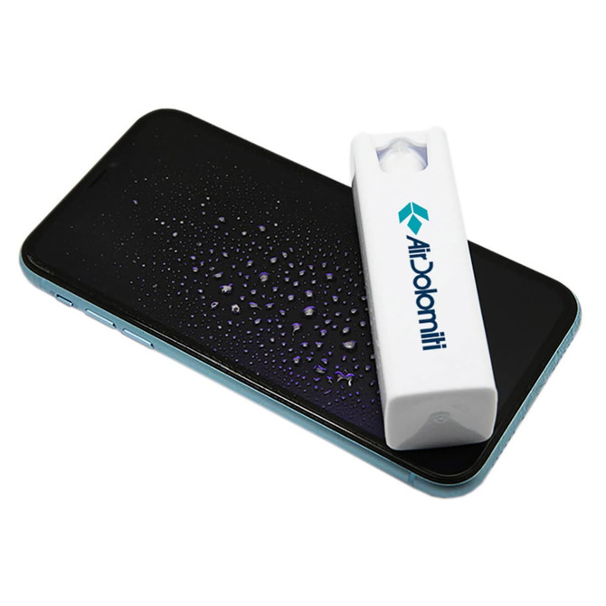 A white spray bottle for a screen cleaner placed on a smartphone with a glossy surface and water droplets.