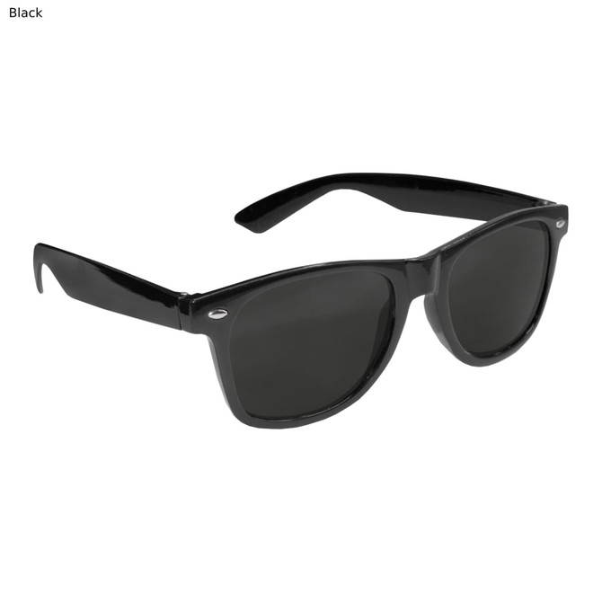 Black sunglasses with dark lenses, featuring a glossy finish and a logo on the side. Suitable for leisure and outdoor activities.