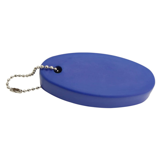 A blue floating key ring with a shiny chain attached. It features a rounded, oval shape.