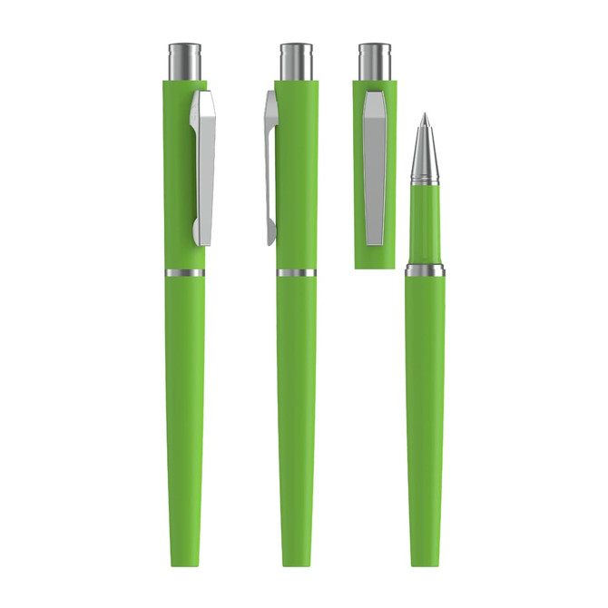A green rollerball pen with a soft-touch finish, featuring a clip and silver accents. Includes multiple angles of the pen.