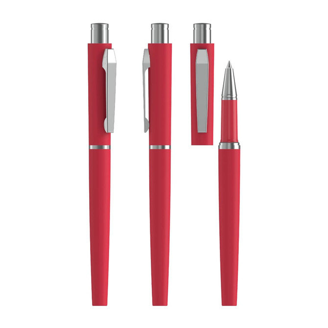 A red rollerball pen with a metal clip and silver accents, displayed from multiple angles.
