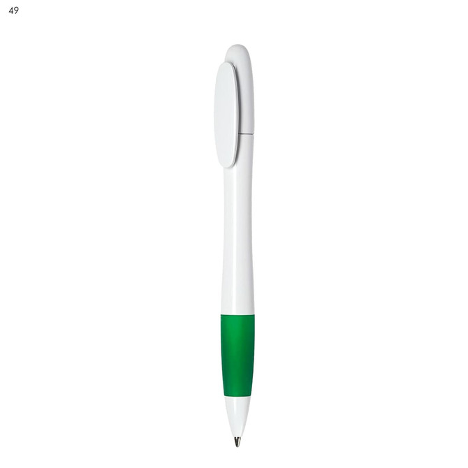 A plastic pen featuring a white body and a green grip, with a logo on the surface.