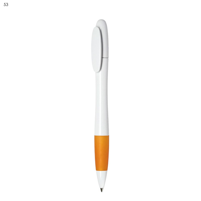 A plastic pen in white with an orange grip and clip, featuring a logo on the barrel.