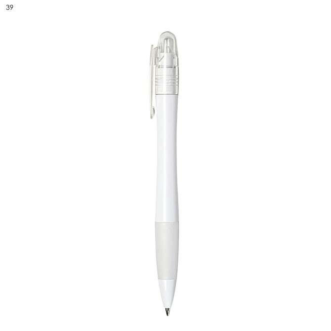 A white plastic pen with a clear cap and grip, featuring a logo on the barrel.