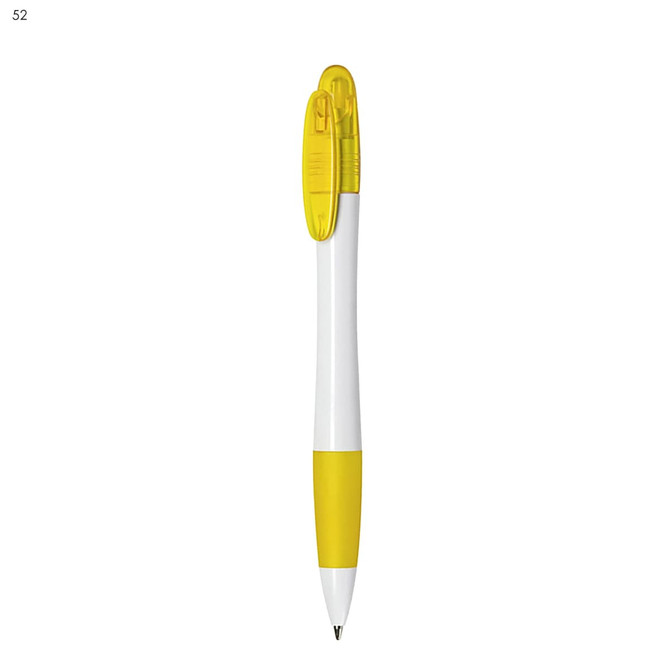 A plastic pen in white and bright yellow, featuring a transparent yellow cap and grip, with a logo visible.